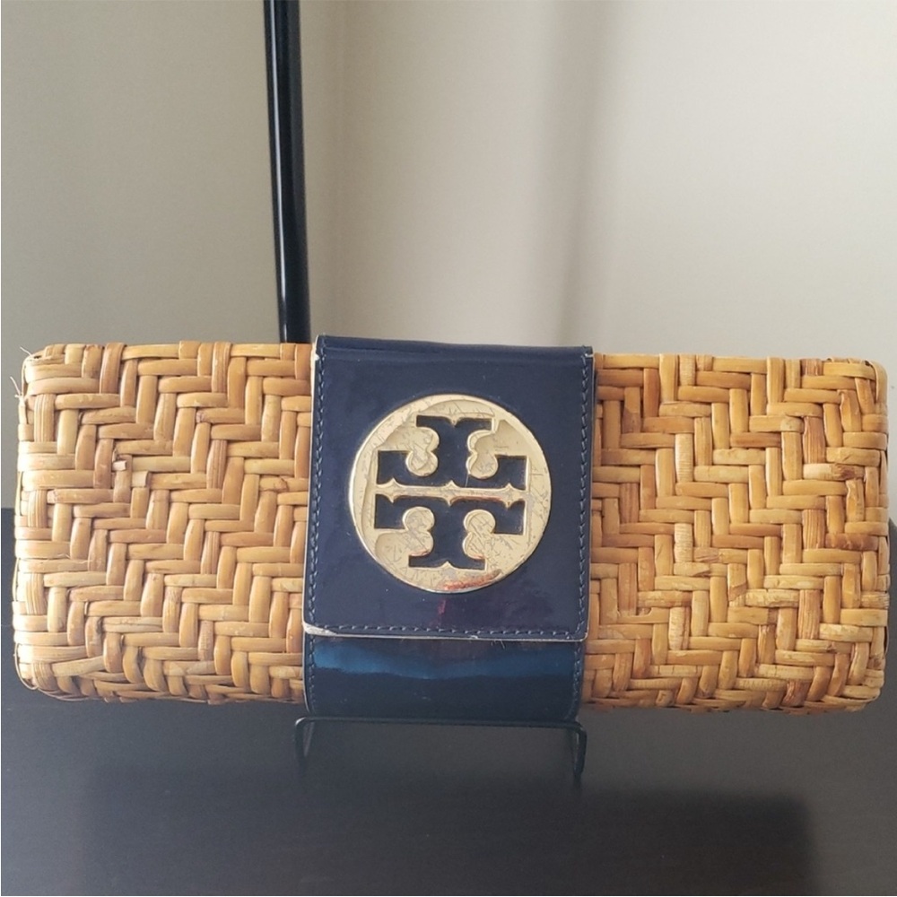 Tory Burch Woven Clutch with Navy Accent